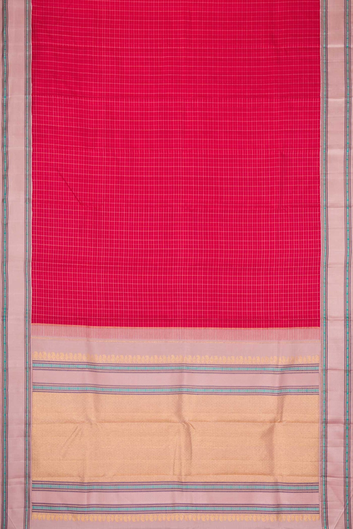 Flat view of Pure Silk Pure Zari Maroon Dual Tone Kanjivaram Saree with Checked design on the body and Zari And Thread Border. 