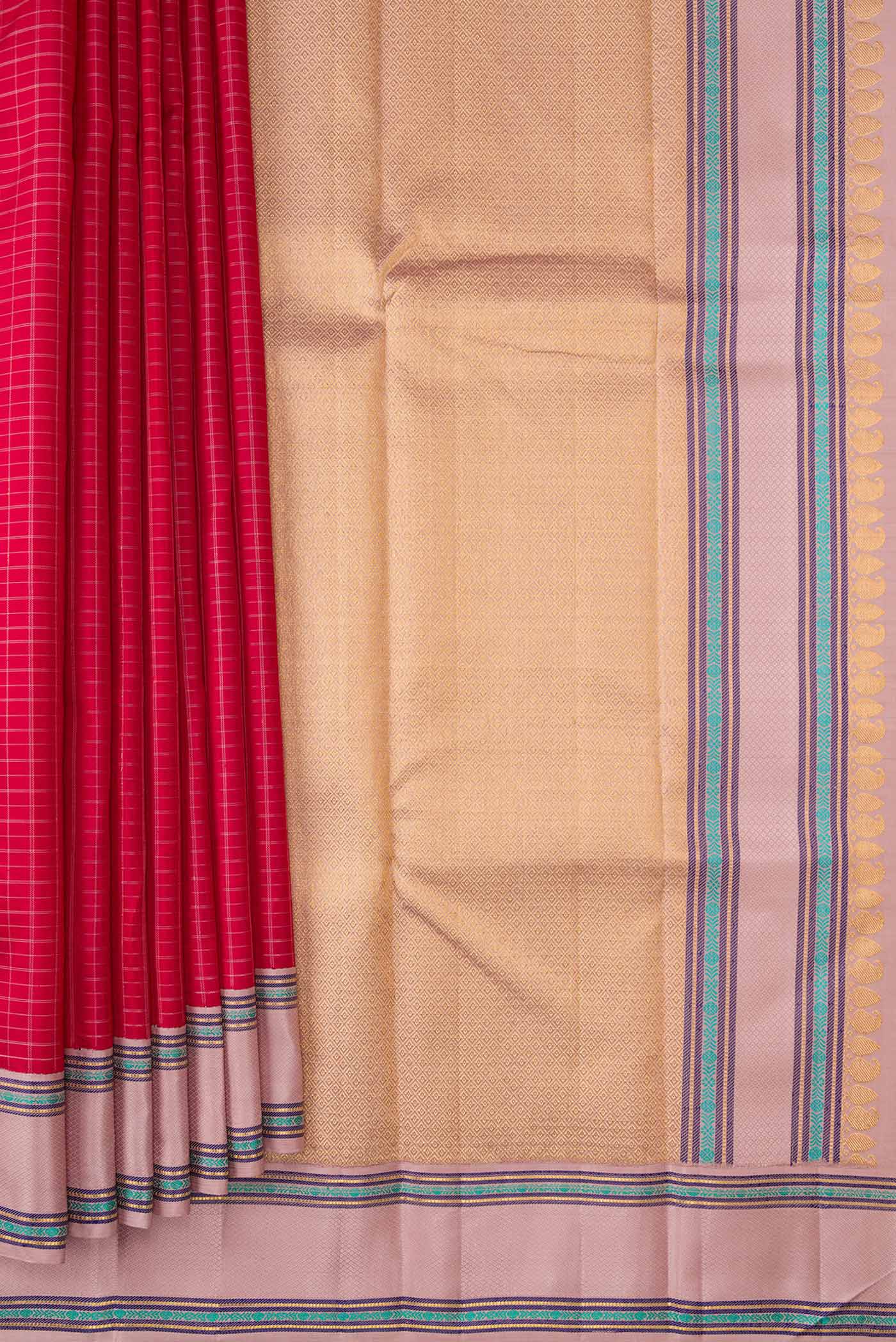 Pleats and pallu of Pure Silk Pure Zari Maroon Dual Tone Kanjivaram Saree with Checked design on the body and Zari And Thread Border. 