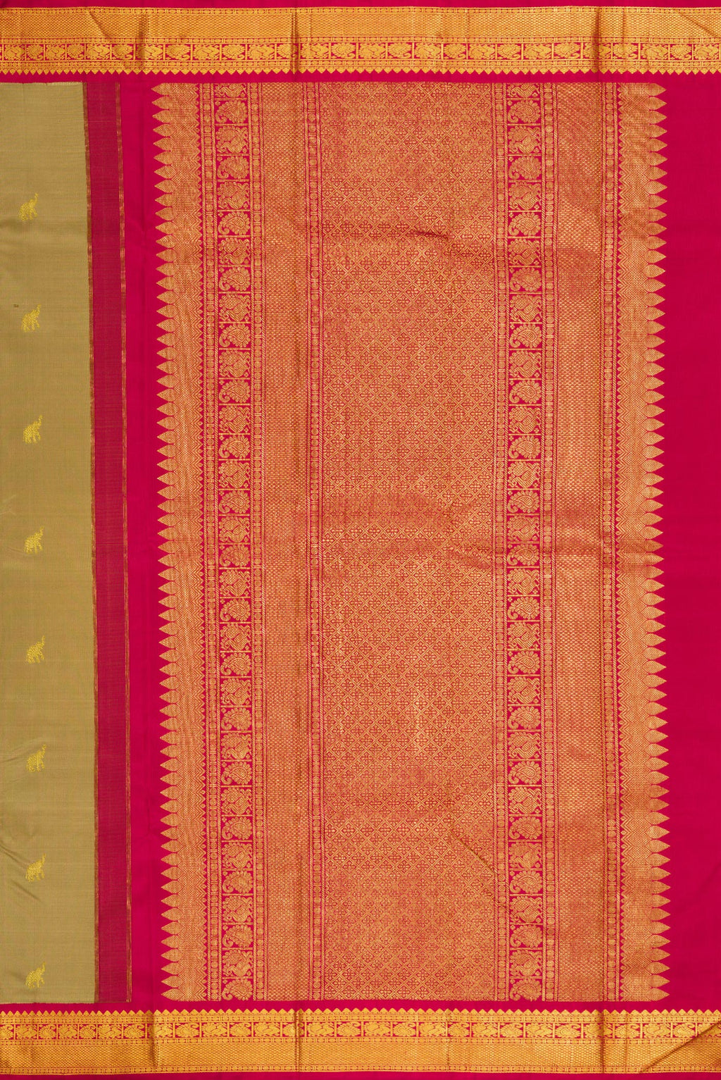 Close up image of the pallu of Dark Beige Dual Tone Kanjivaram Silk Saree with Zari Butta on the body and Zari Border. 