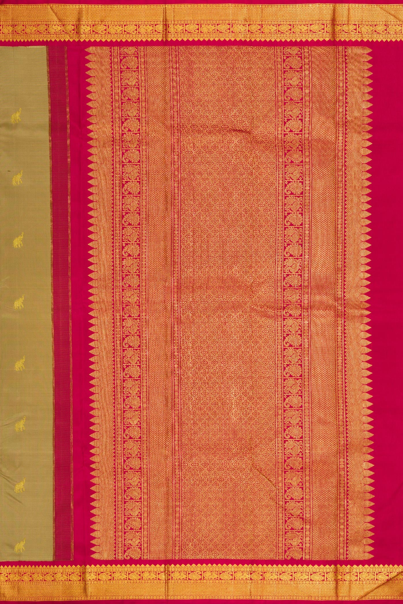 Close up image of the pallu of Dark Beige Dual Tone Kanjivaram Silk Saree with Zari Butta on the body and Zari Border. 