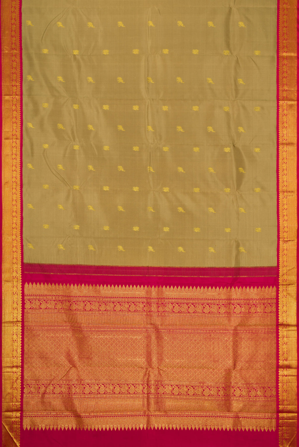 Flat view of Dark Beige Dual Tone Kanjivaram Silk Saree with Zari Butta on the body and Zari Border. 