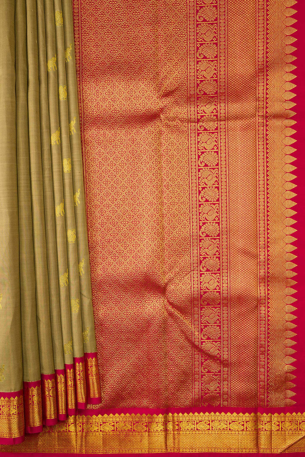 Pleats and pallu of Dark Beige Dual Tone Kanjivaram Silk Saree with Zari Butta on the body and Zari Border. 