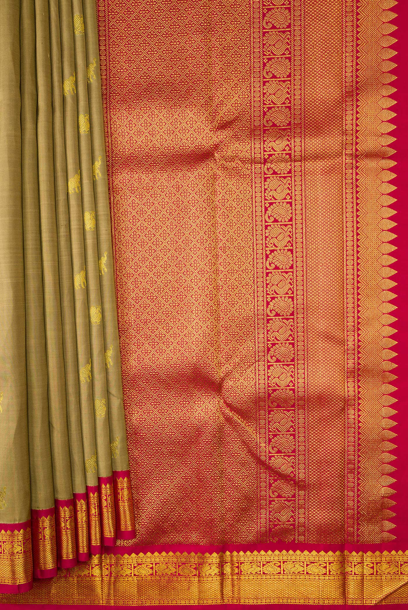 Pleats and pallu of Dark Beige Dual Tone Kanjivaram Silk Saree with Zari Butta on the body and Zari Border. 