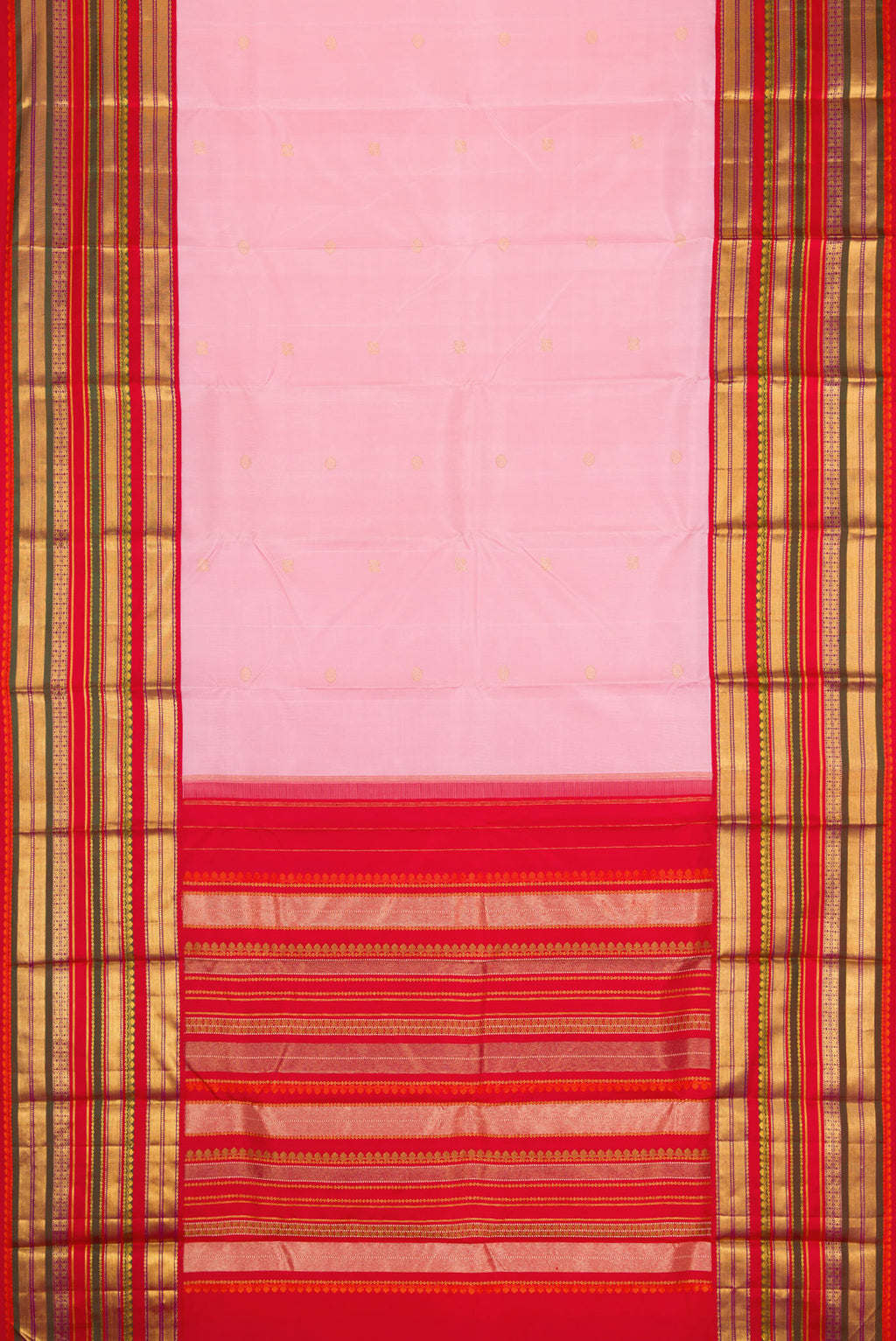 Flat view of Pink Dual Tone Kanjivaram Silk Saree with Zari Butta on the body and Zari Border. 