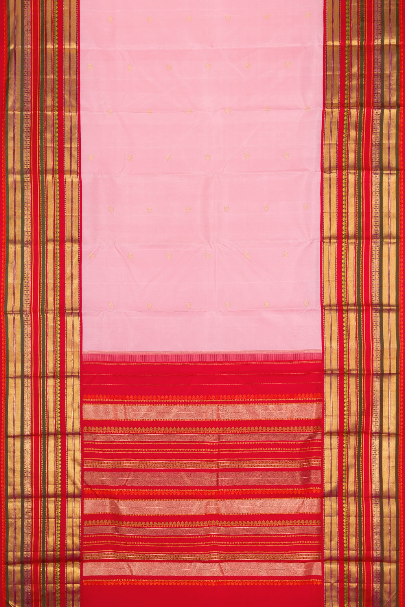 Flat view of Pink Dual Tone Kanjivaram Silk Saree with Zari Butta on the body and Zari Border. 