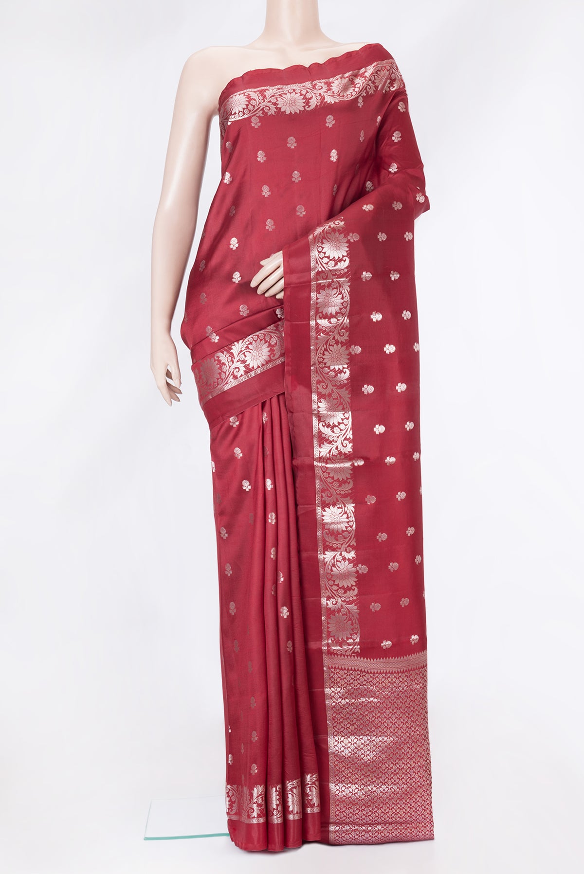 Maroon Dual Tone Banarasi Kota Silk Saree with Zari Butta on the body and Zari Border.  displayed on a mannequin