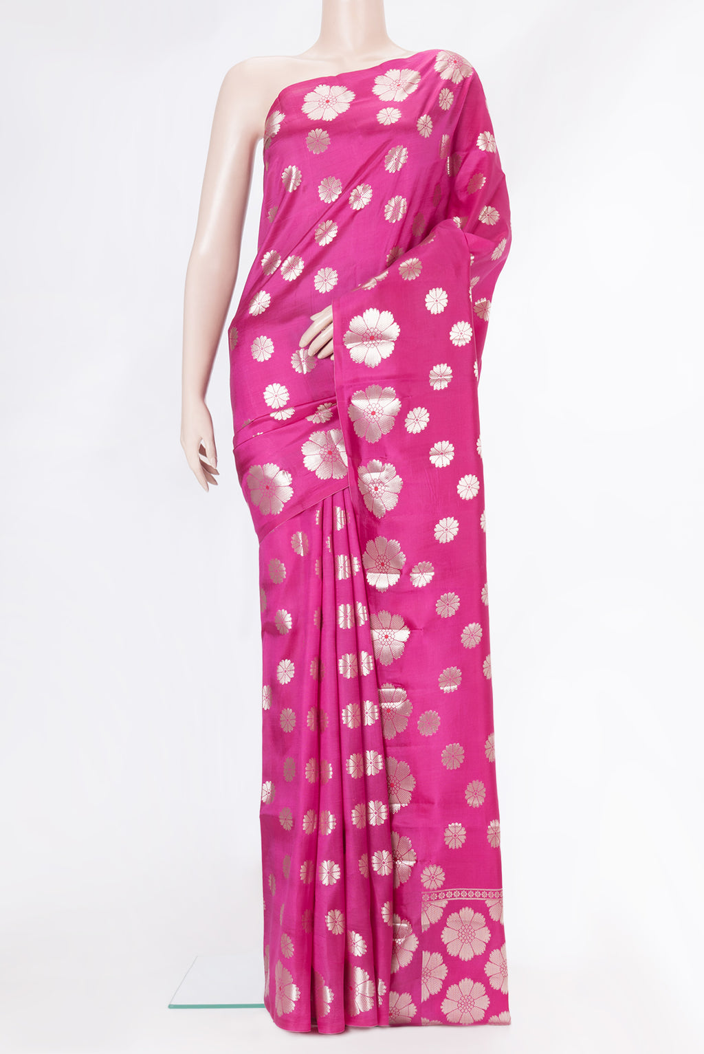 Pink Dual Tone Tussar Silk Saree with Zari Butta on the body and Zari Border.  displayed on a mannequin