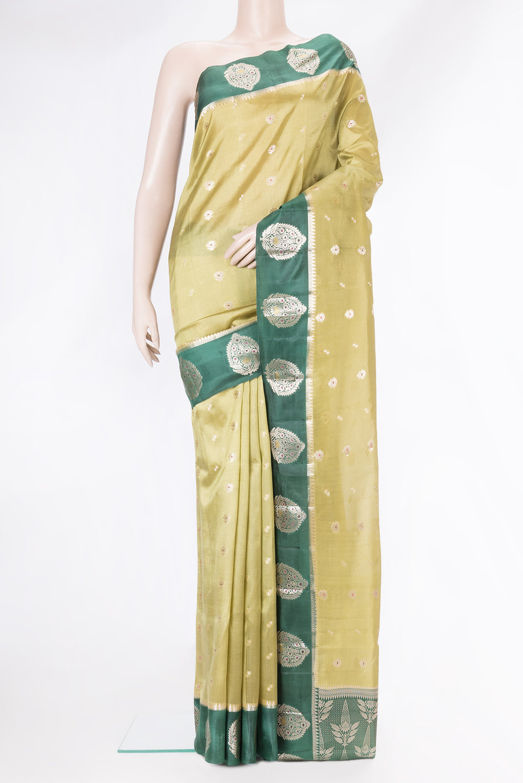 Mehandi Green Dual Tone Tussar Silk Saree with Zari Butta on the body and Fancy Border.  displayed on a mannequin