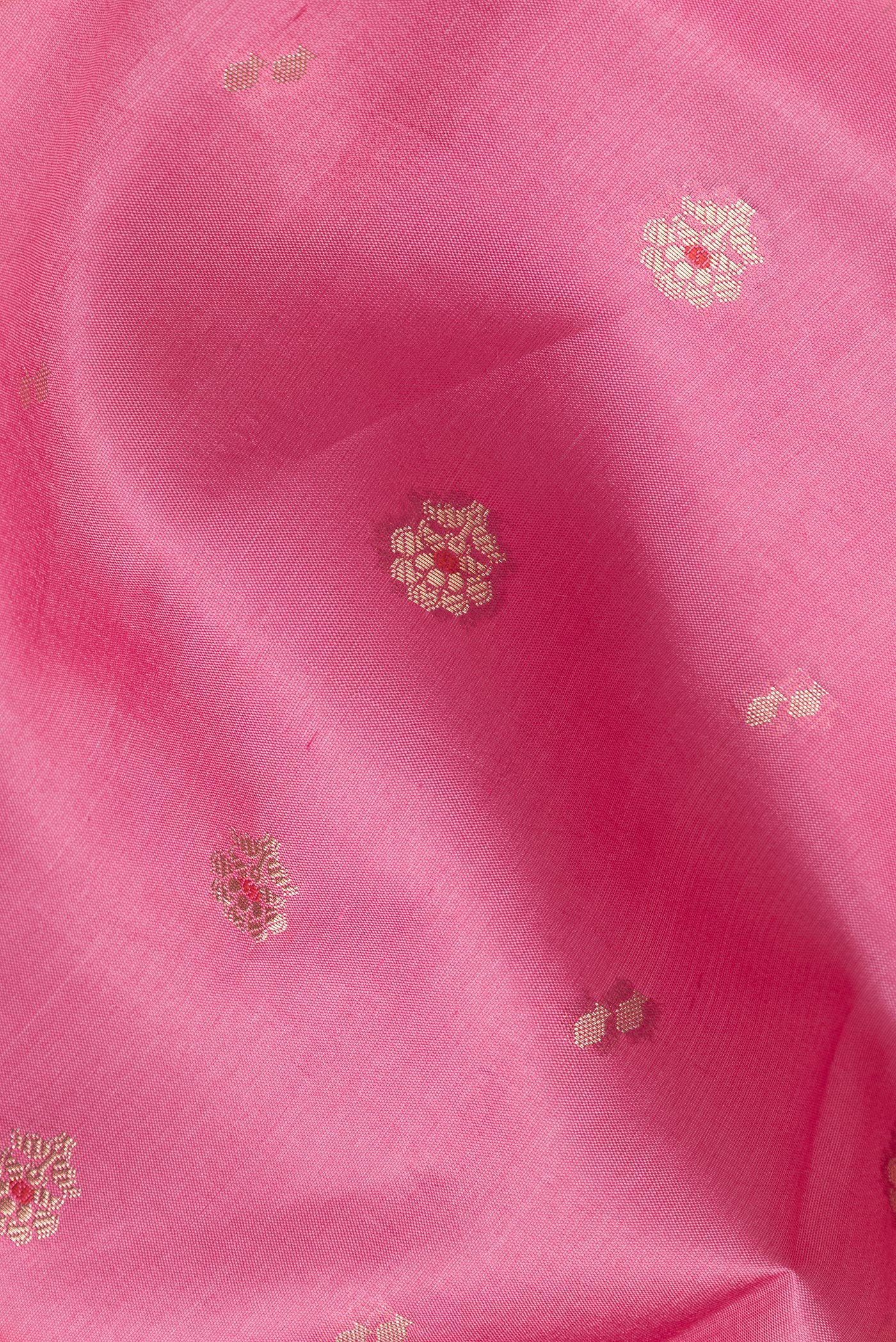 Close up of Pink Dual Tone Tussar Silk Saree with Zari Butta on the body and Fancy Border.  displaying folds