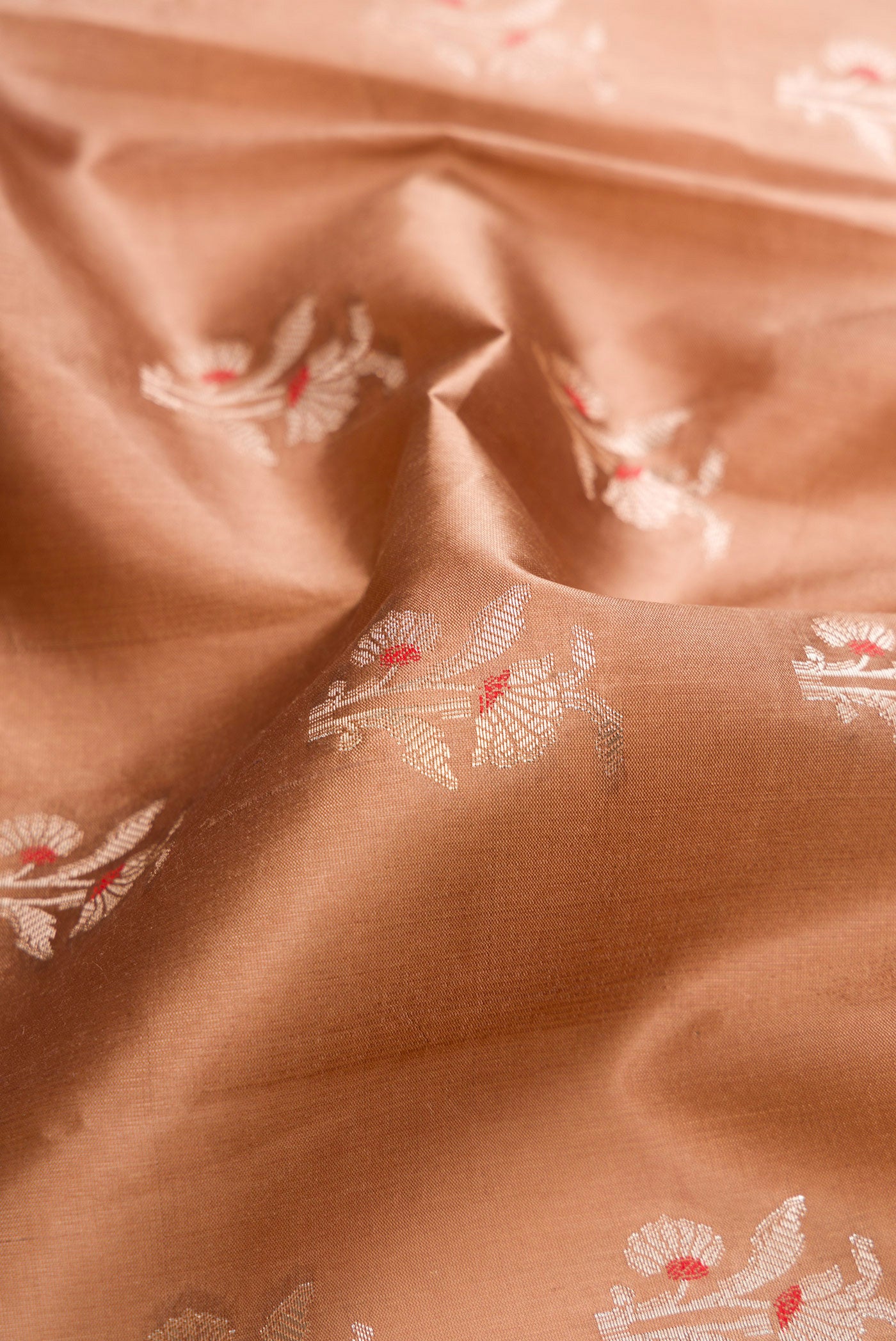 Close up of Brown Dual Tone Tussar Silk Saree with Zari Butta on the body and Zari Border.  displaying folds