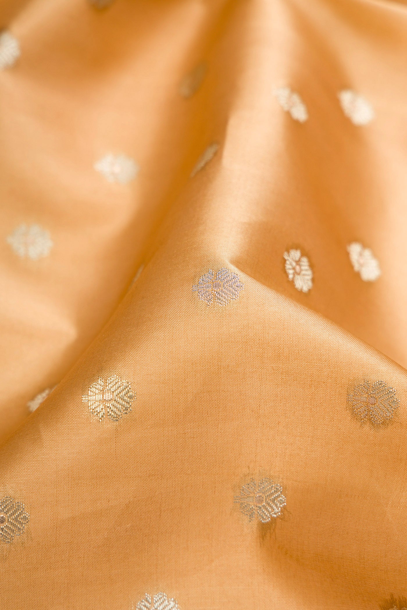 Close up of Gold Dual Tone Tussar Silk Saree with Zari Butta on the body and Fancy Border.  displaying folds