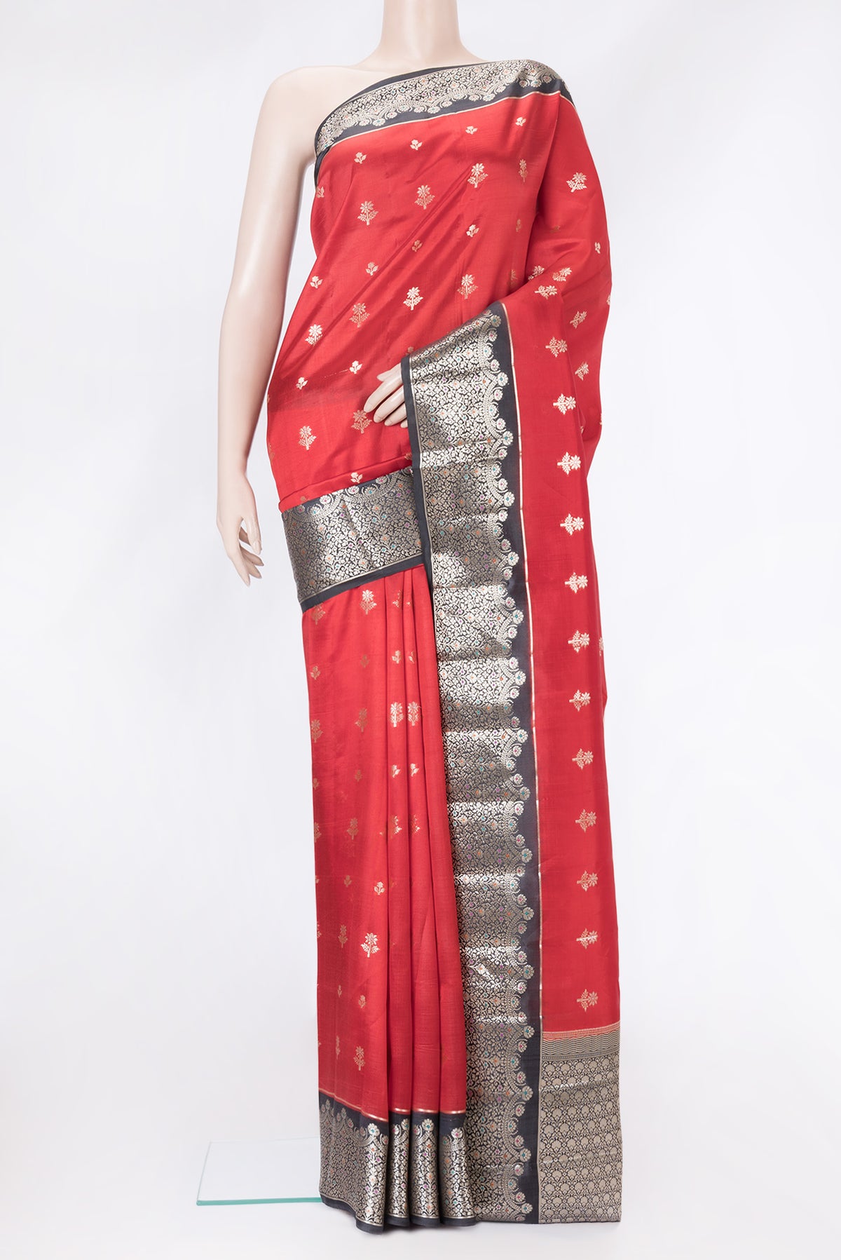 Red Dual Tone Banarasi Raw Silk Saree with Zari Butta on the body and Zari Border.  displayed on a mannequin