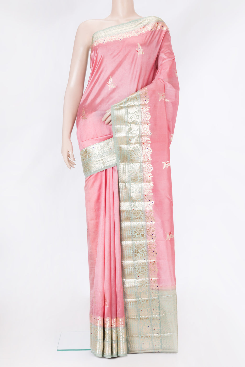 Pink Dual Tone Banarasi Raw Silk Saree with Zari Butta on the body and Zari Border.  displayed on a mannequin