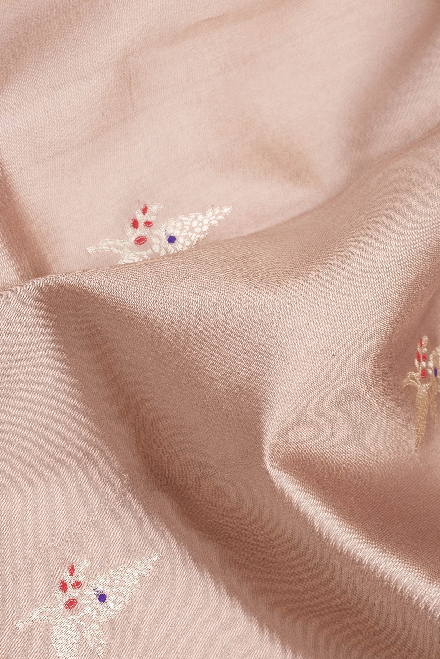 Close up of Beige Dual Tone Tussar Silk Saree with Zari Butta on the body and Fancy Border.  displaying folds
