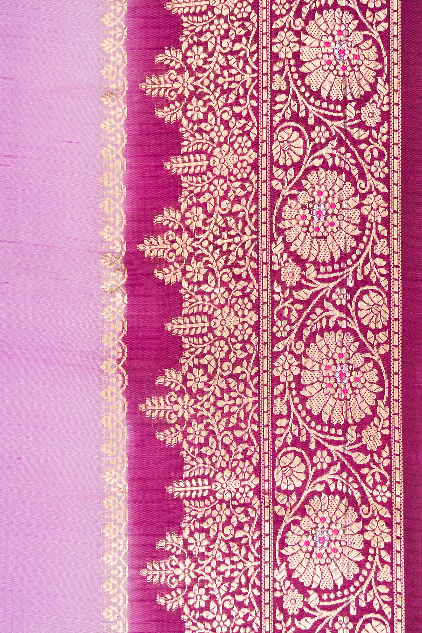 Border image of Lavender Dual Tone Tussar Silk Saree with Zari And Thread Butta on the body and Zari Border. 