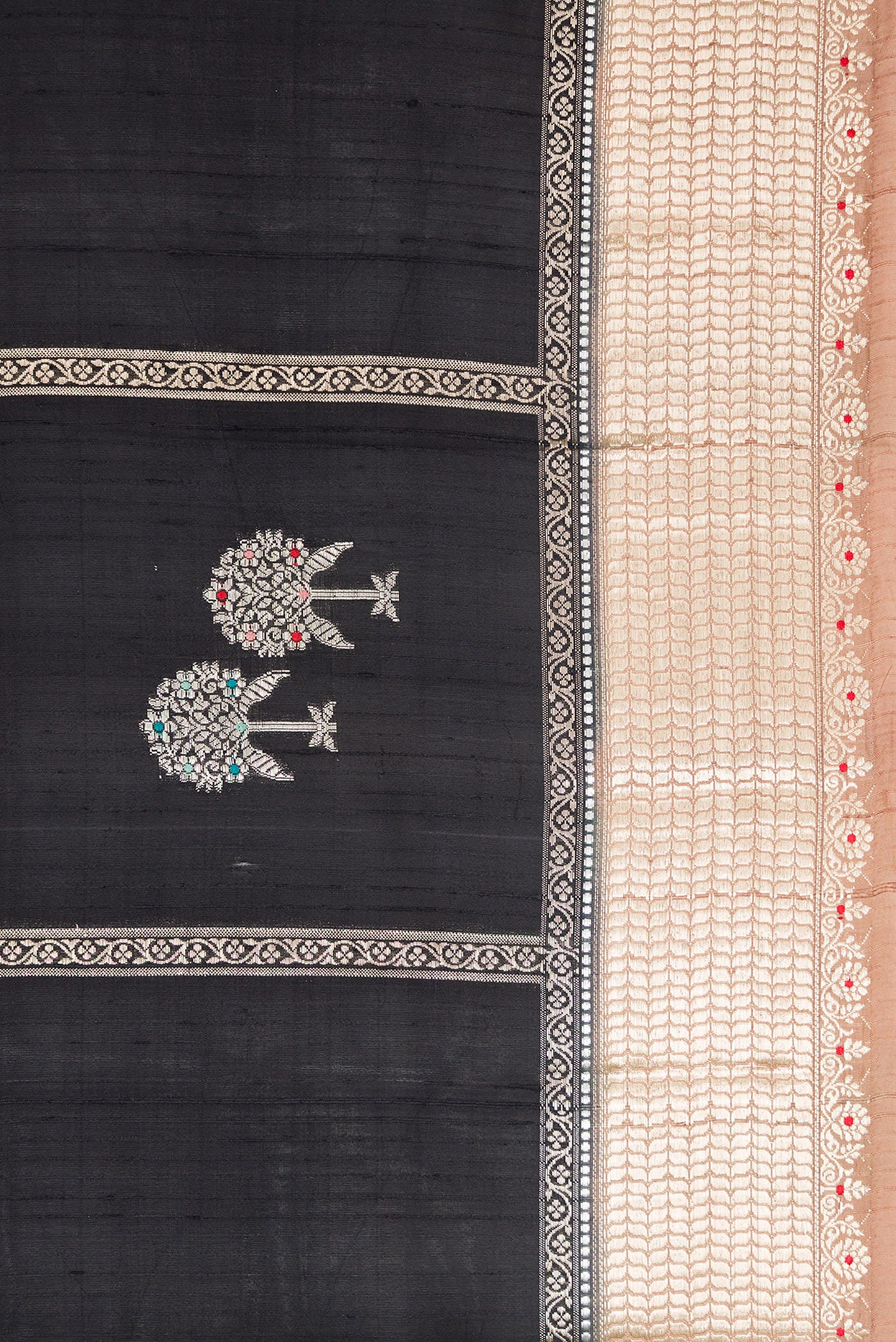 Border image of Black Dual Tone Tussar Silk Saree with Checked design on the body and Zari Border. 