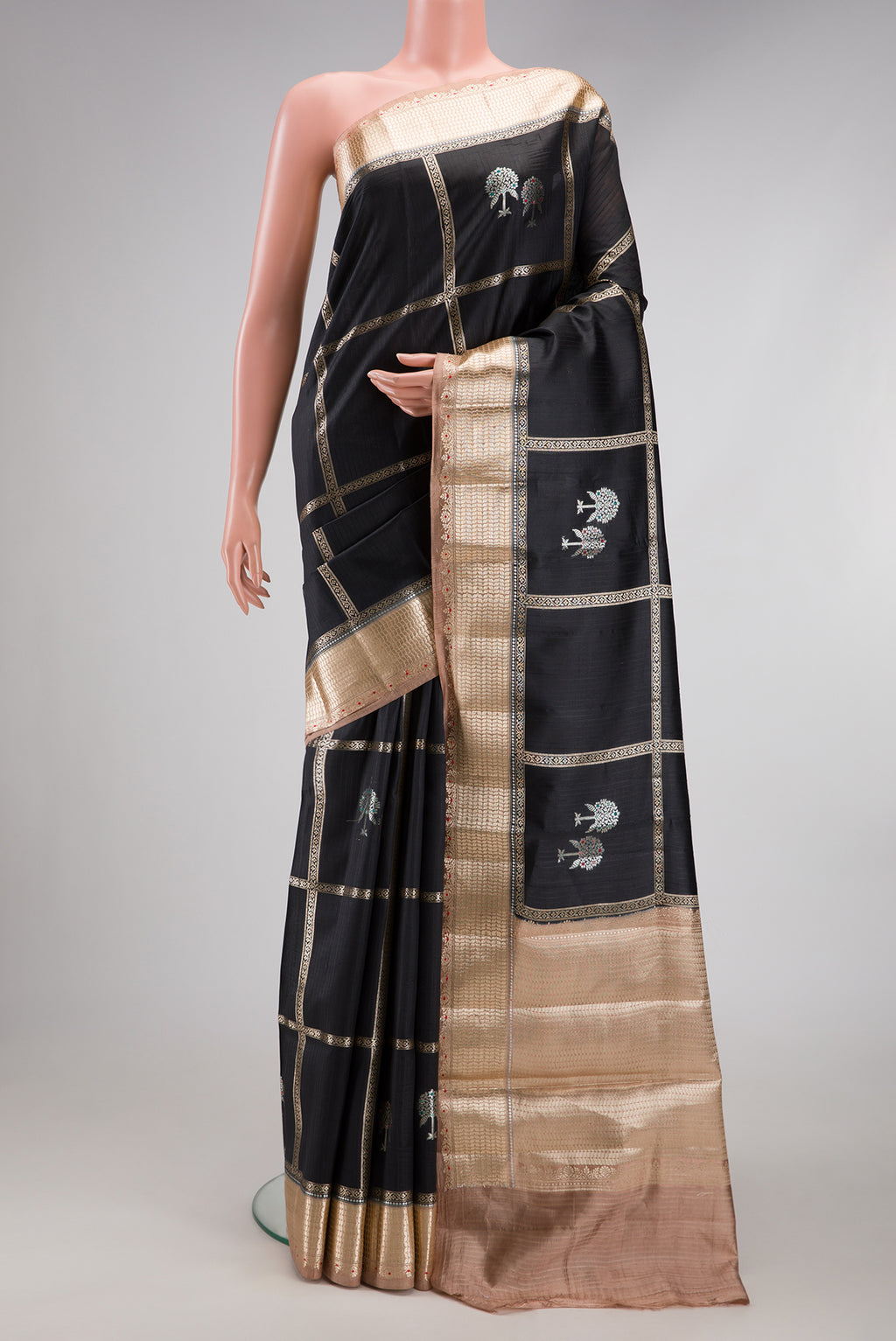 Black Dual Tone Tussar Silk Saree with Checked design on the body and Zari Border.  displayed on a mannequin