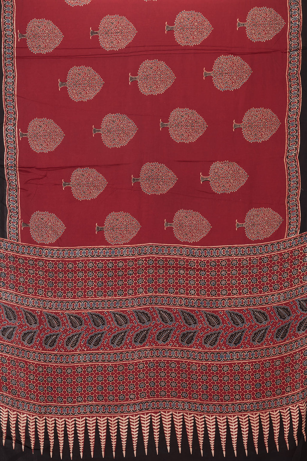 Flat view of Maroon Dual Tone Blended Crepe Saree with Ajrakh Print on the body and Fancy Border. 