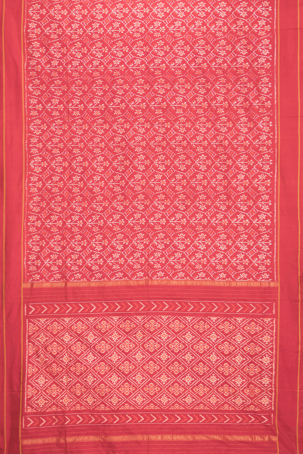 Flat view of Red Dual Tone Double Ikat Saree with Ikat Print on the body and Plain Border. 