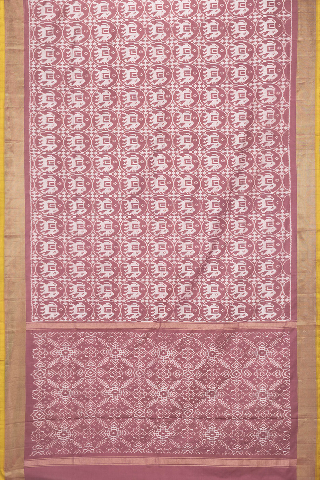 Flat view of Brown Dual Tone Double Ikat Saree with Ikat Print on the body and Zari Border. 