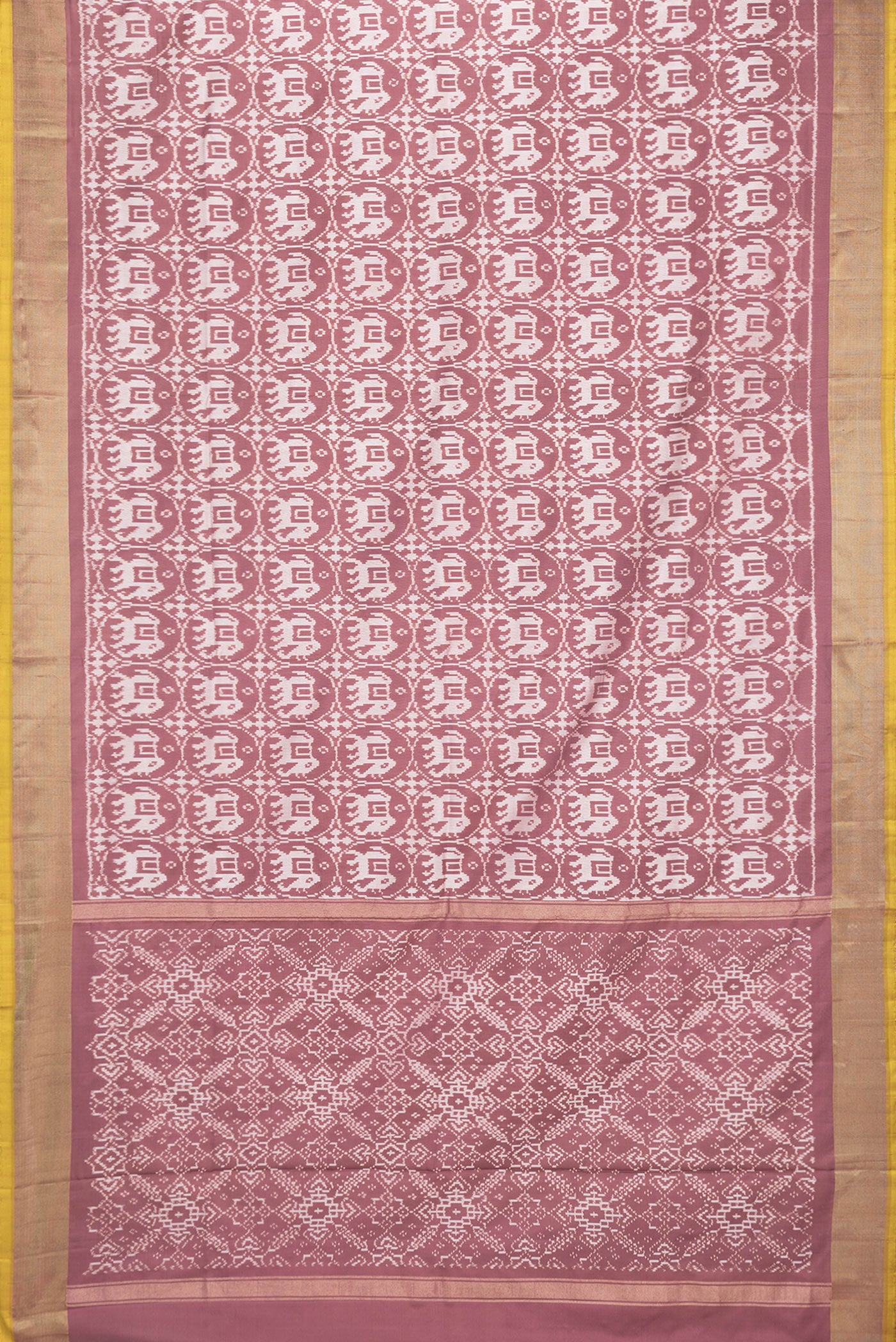 Flat view of Brown Dual Tone Double Ikat Saree with Ikat Print on the body and Zari Border. 