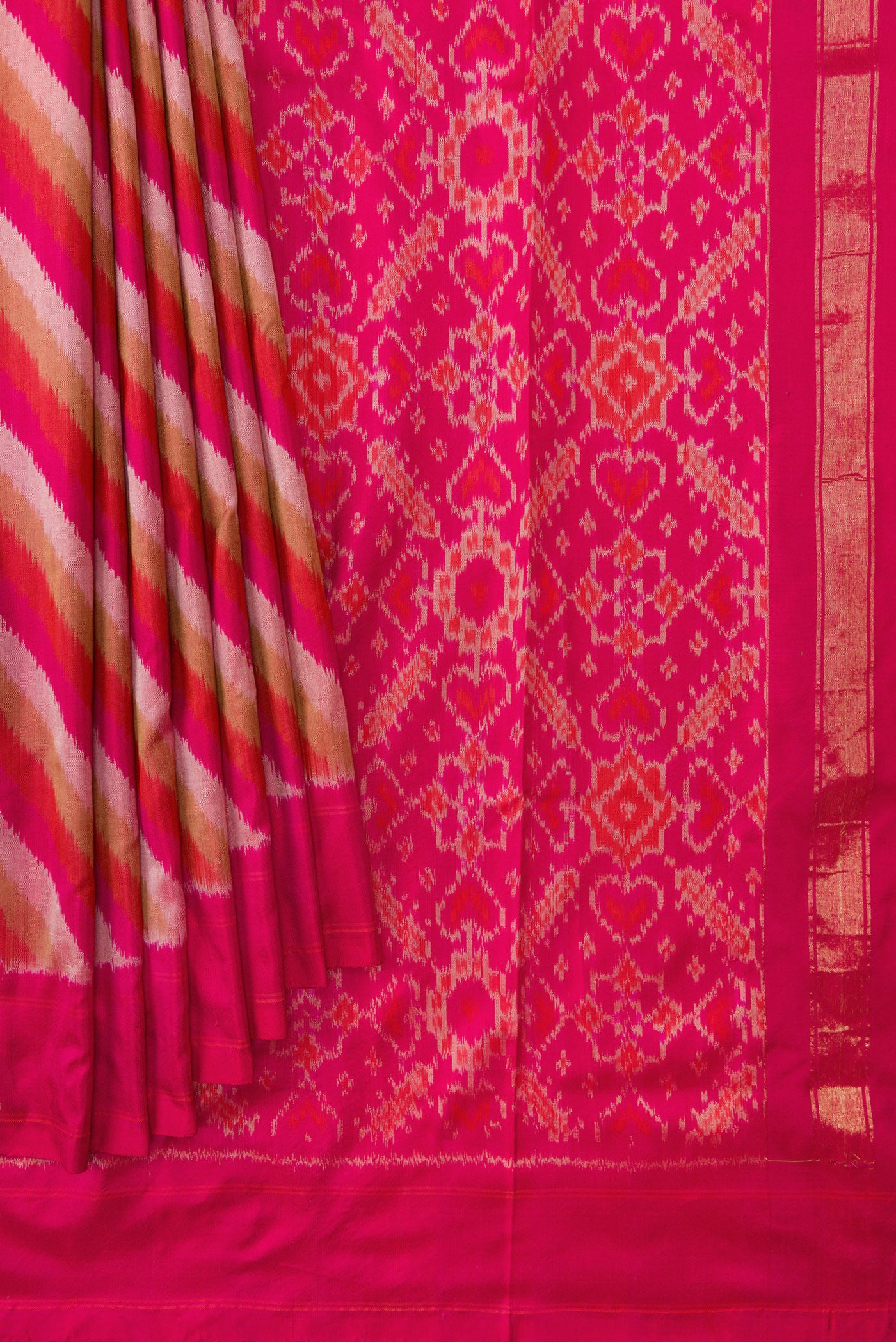 Pleats and pallu of Pink Dual Tone Double Ikat Saree with Ikat Print on the body and Plain Border. 