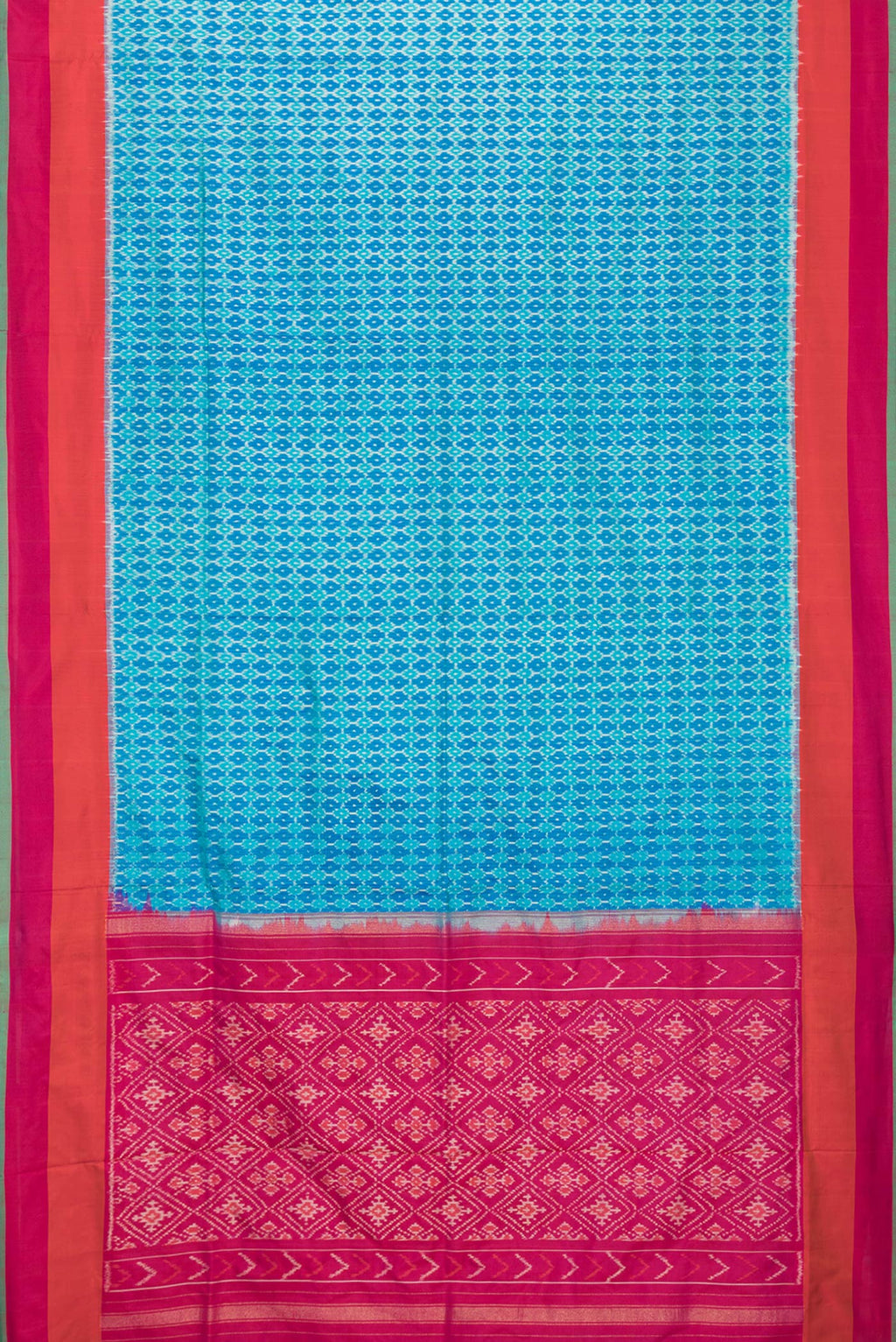 Flat view of Sky Blue Dual Tone Double Ikat Saree with Ikat Print on the body and Plain Border. 