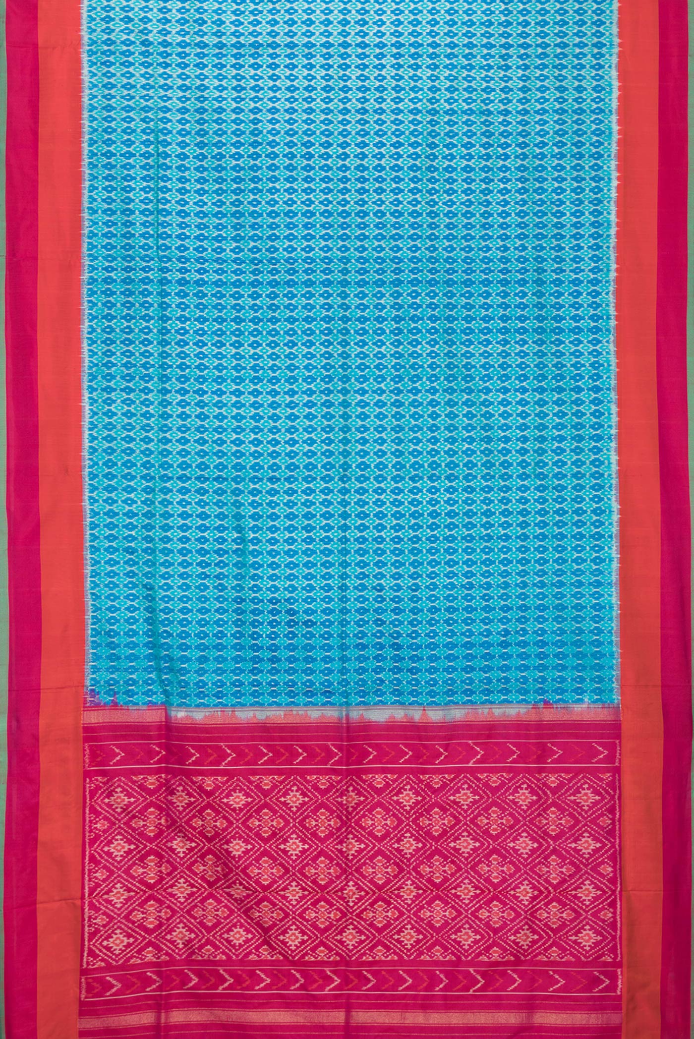 Flat view of Sky Blue Dual Tone Double Ikat Saree with Ikat Print on the body and Plain Border. 