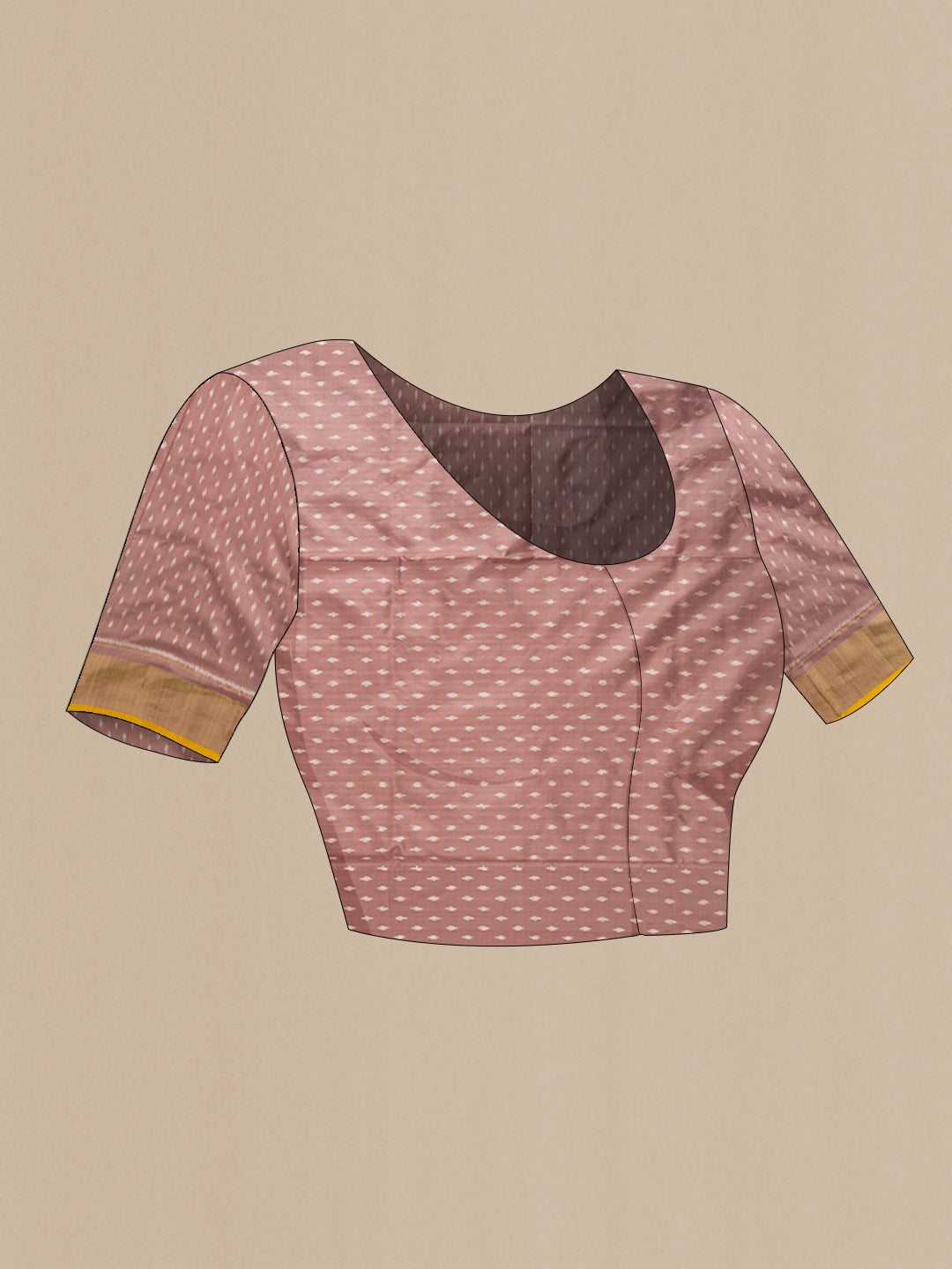 Close up image of the blouse of Brown Dual Tone Double Ikat Saree with Ikat Print on the body and Zari Border. 