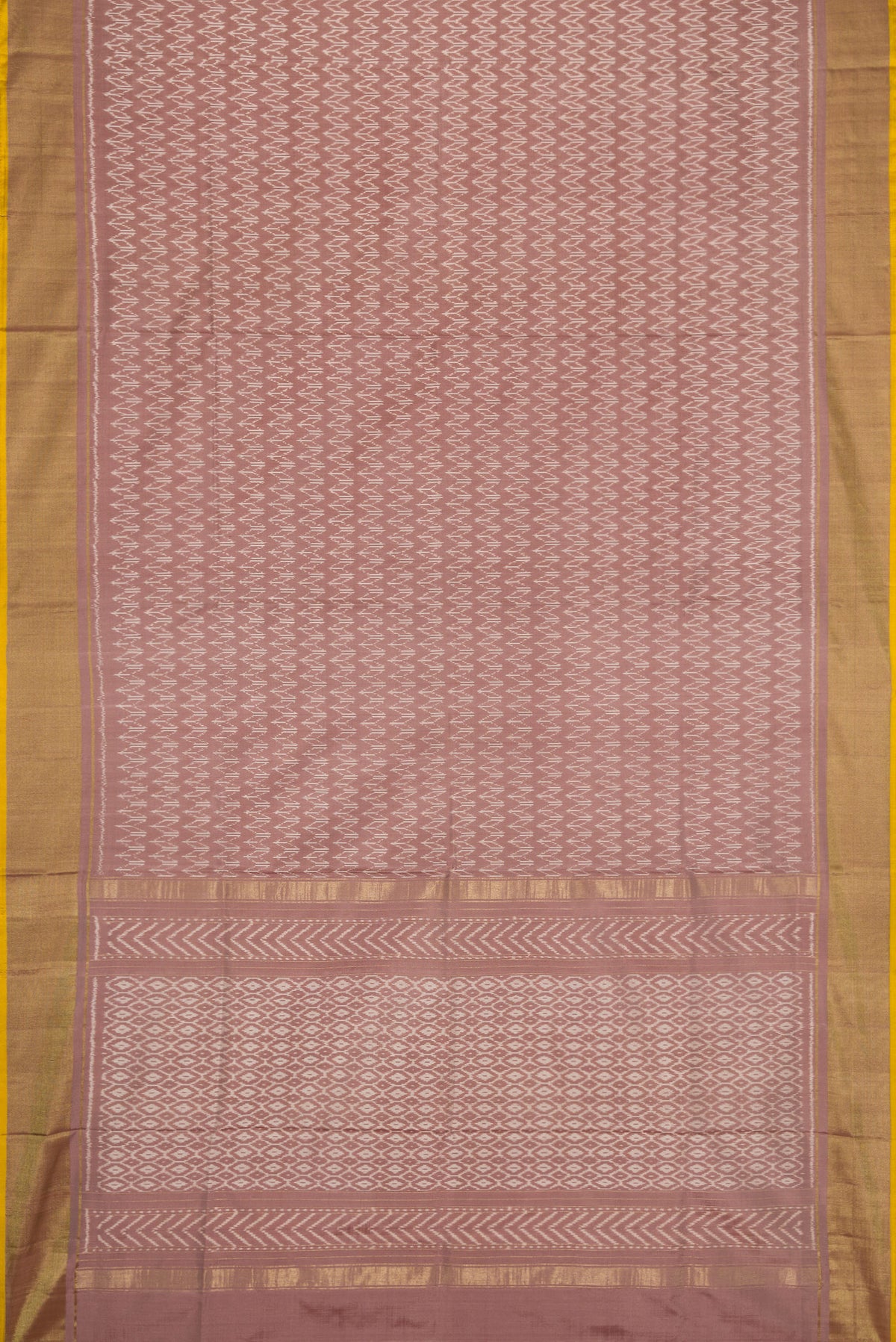 Flat view of Brown Dual Tone Double Ikat Saree with Ikat Print on the body and Zari Border. 