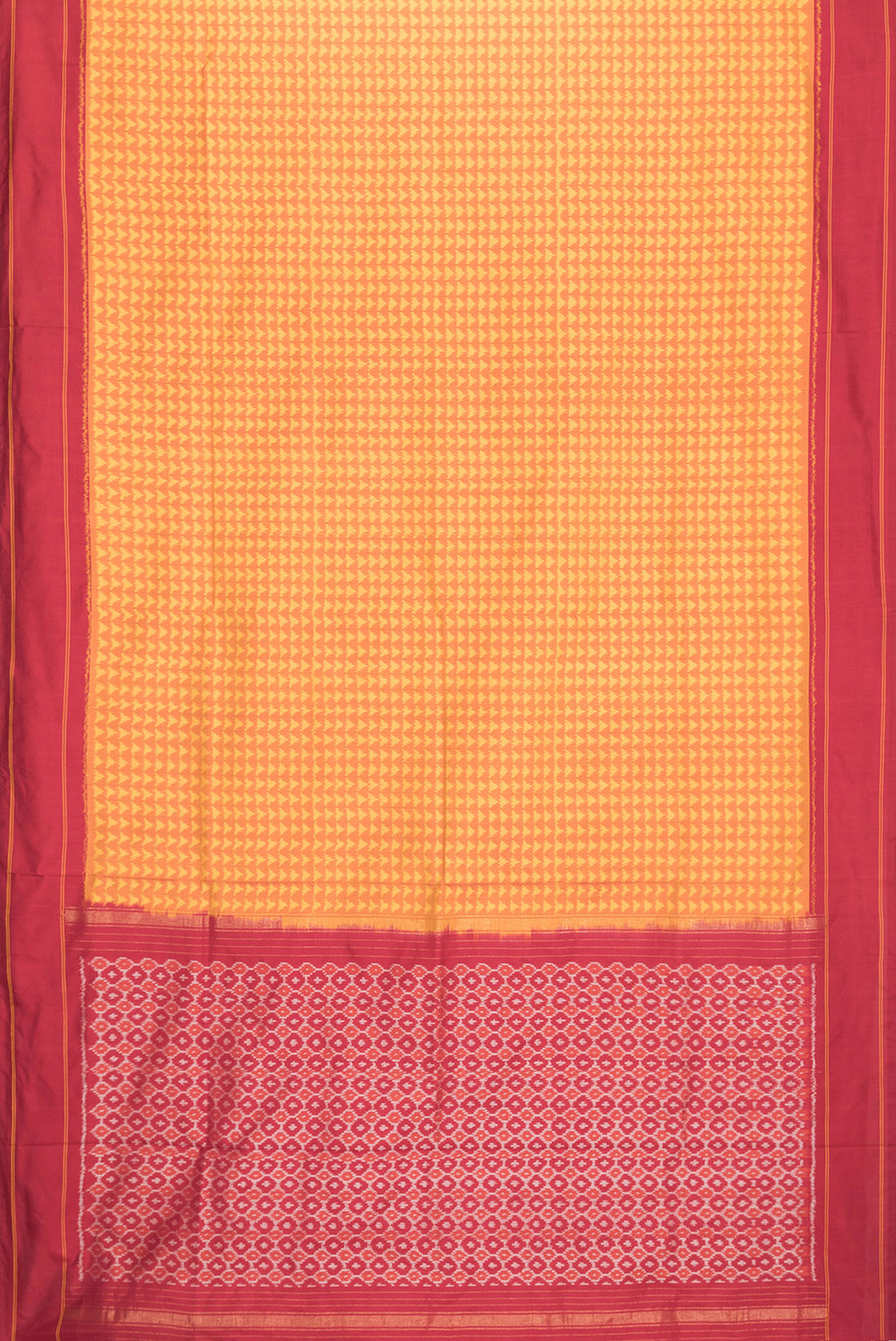 Flat view of Mustard Dual Tone Double Ikat Saree with Ikat Print on the body and Plain Border. 