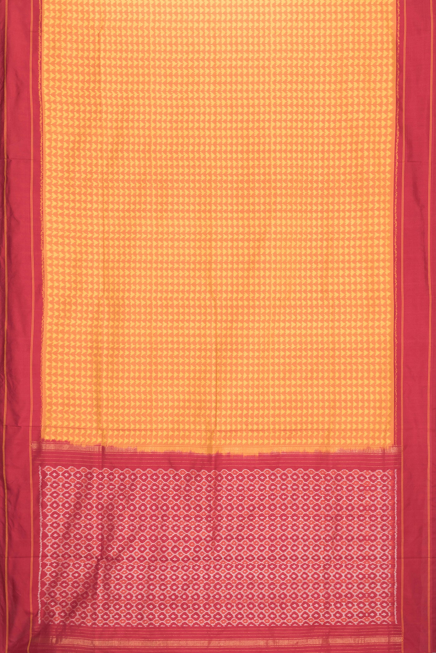 Flat view of Mustard Dual Tone Double Ikat Saree with Ikat Print on the body and Plain Border. 