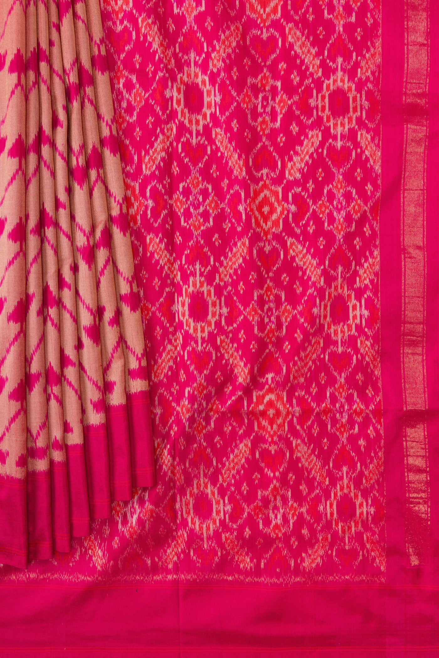 Pleats and pallu of Pink Dual Tone Double Ikat Saree with Ikat Print on the body and Plain Border. 