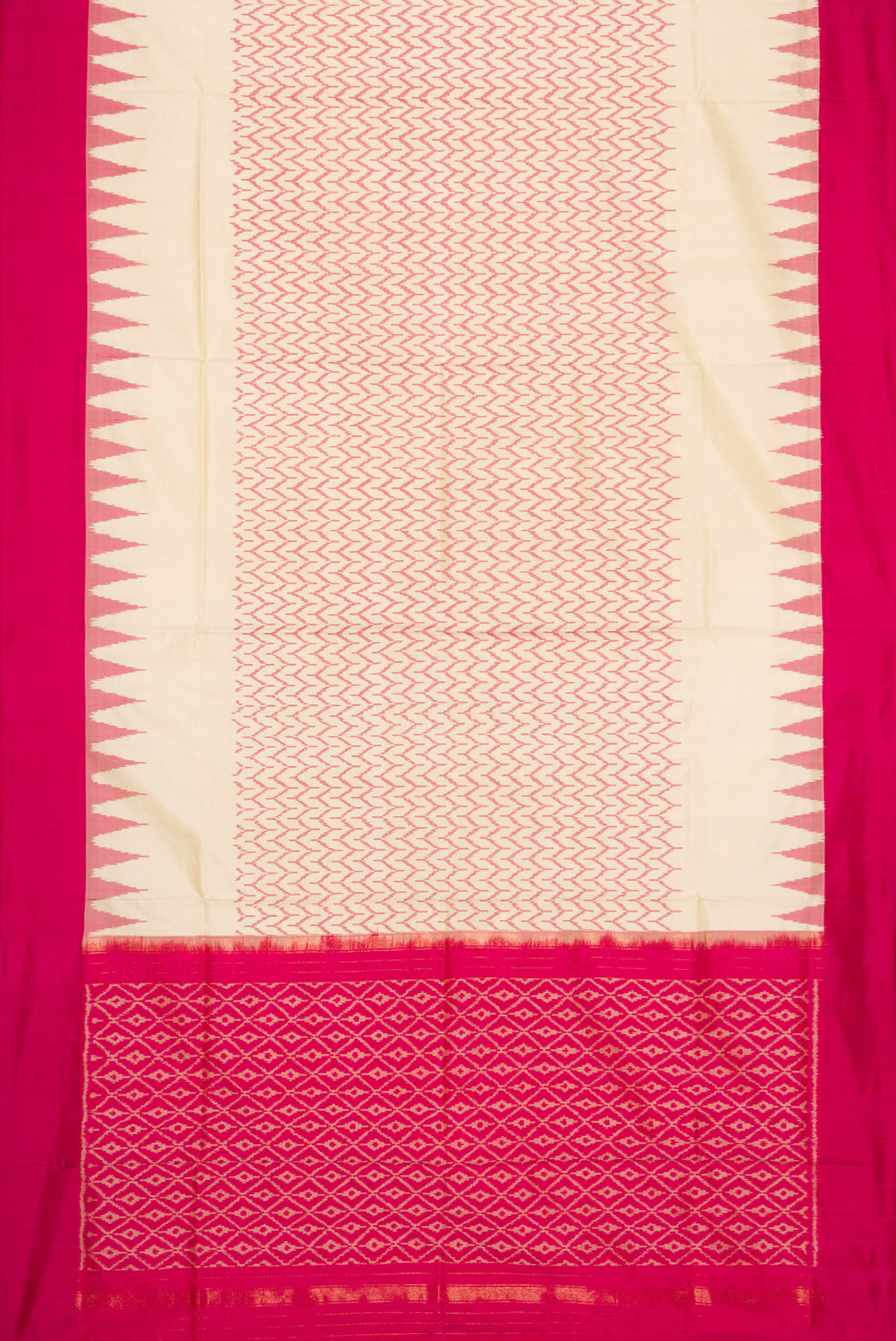 Flat view of Off White Dual Tone Double Ikat Saree with Ikat Print on the body and Temple Border. 