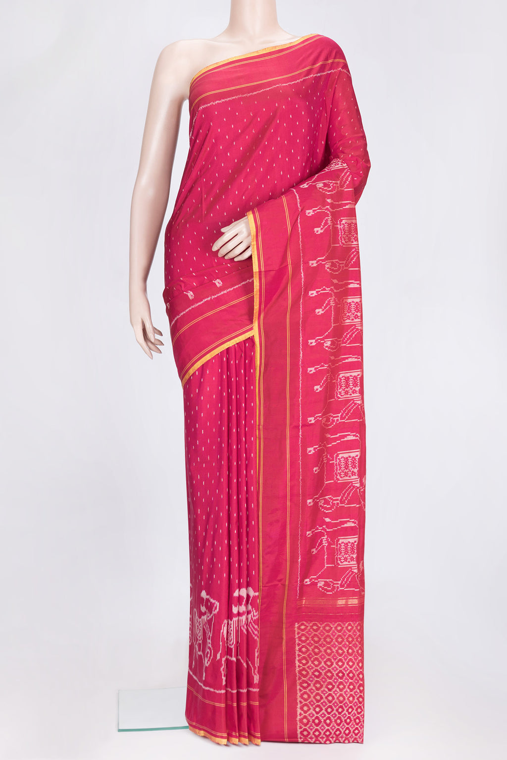 Maroon Dual Tone Double Ikat Saree with Ikat Print on the body and Plain Border.  displayed on a mannequin