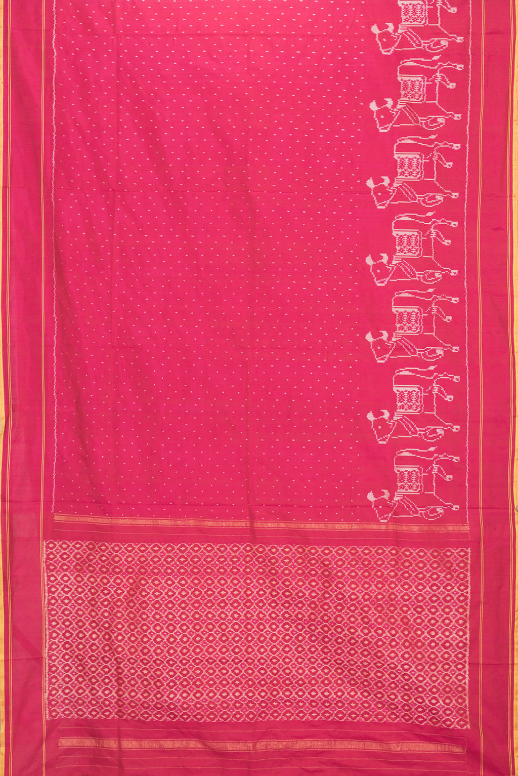 Flat view of Maroon Dual Tone Double Ikat Saree with Ikat Print on the body and Plain Border. 