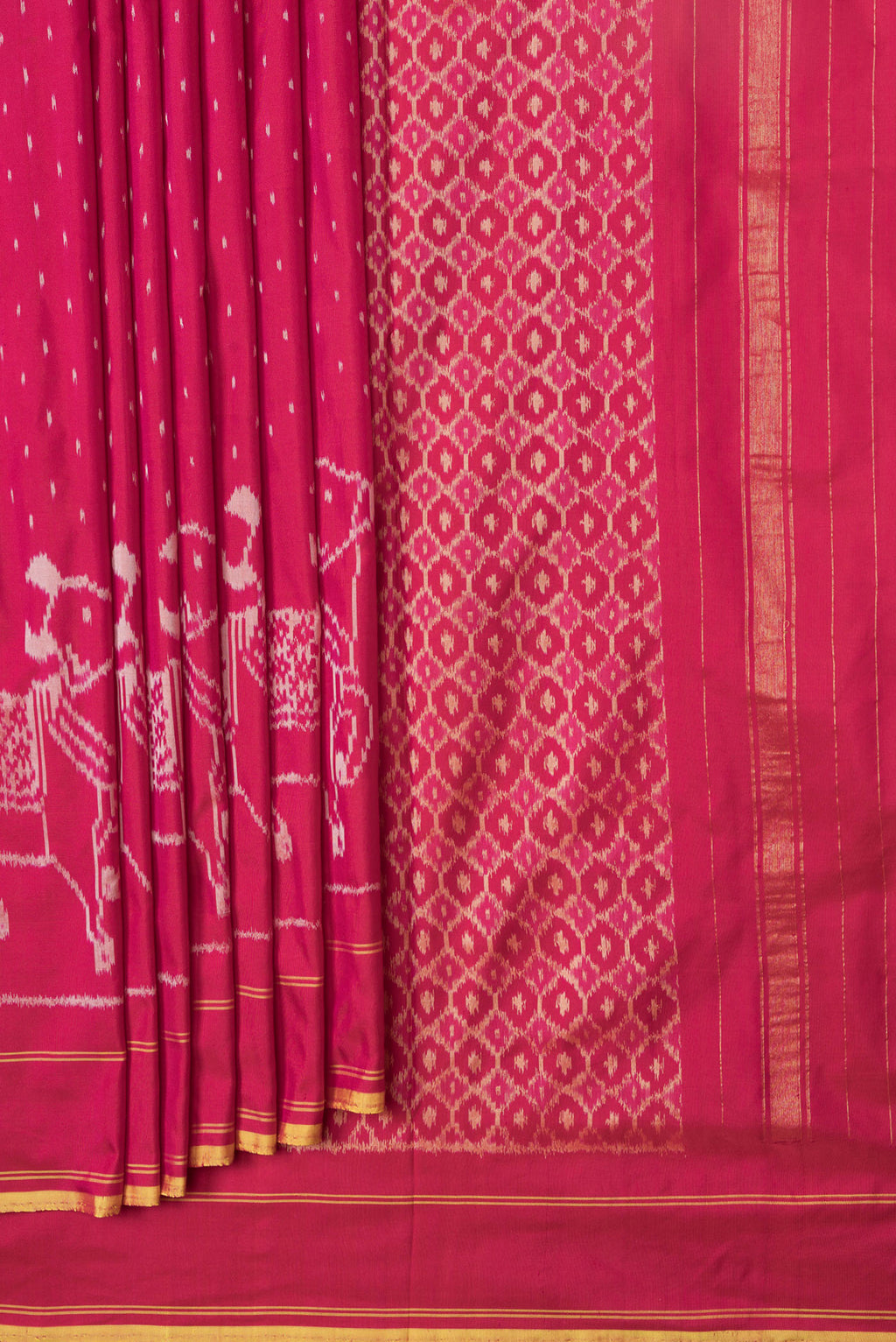 Pleats and pallu of Maroon Dual Tone Double Ikat Saree with Ikat Print on the body and Plain Border. 