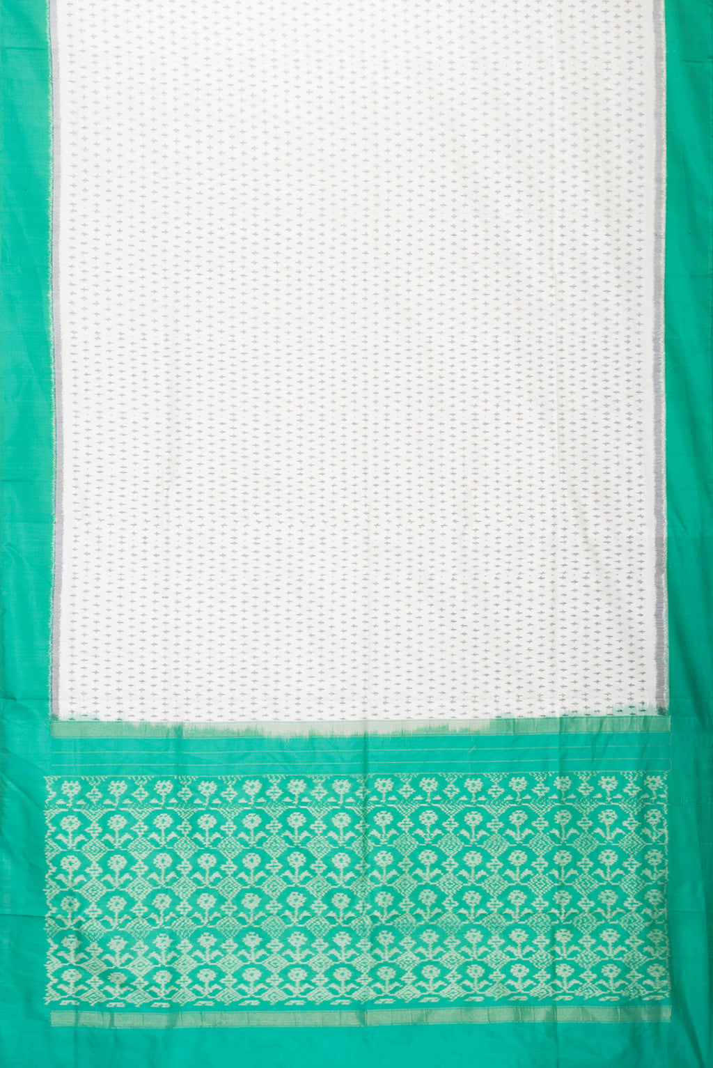 Flat view of Off White Dual Tone Double Ikat Saree with Ikat Print on the body and Plain Border. 