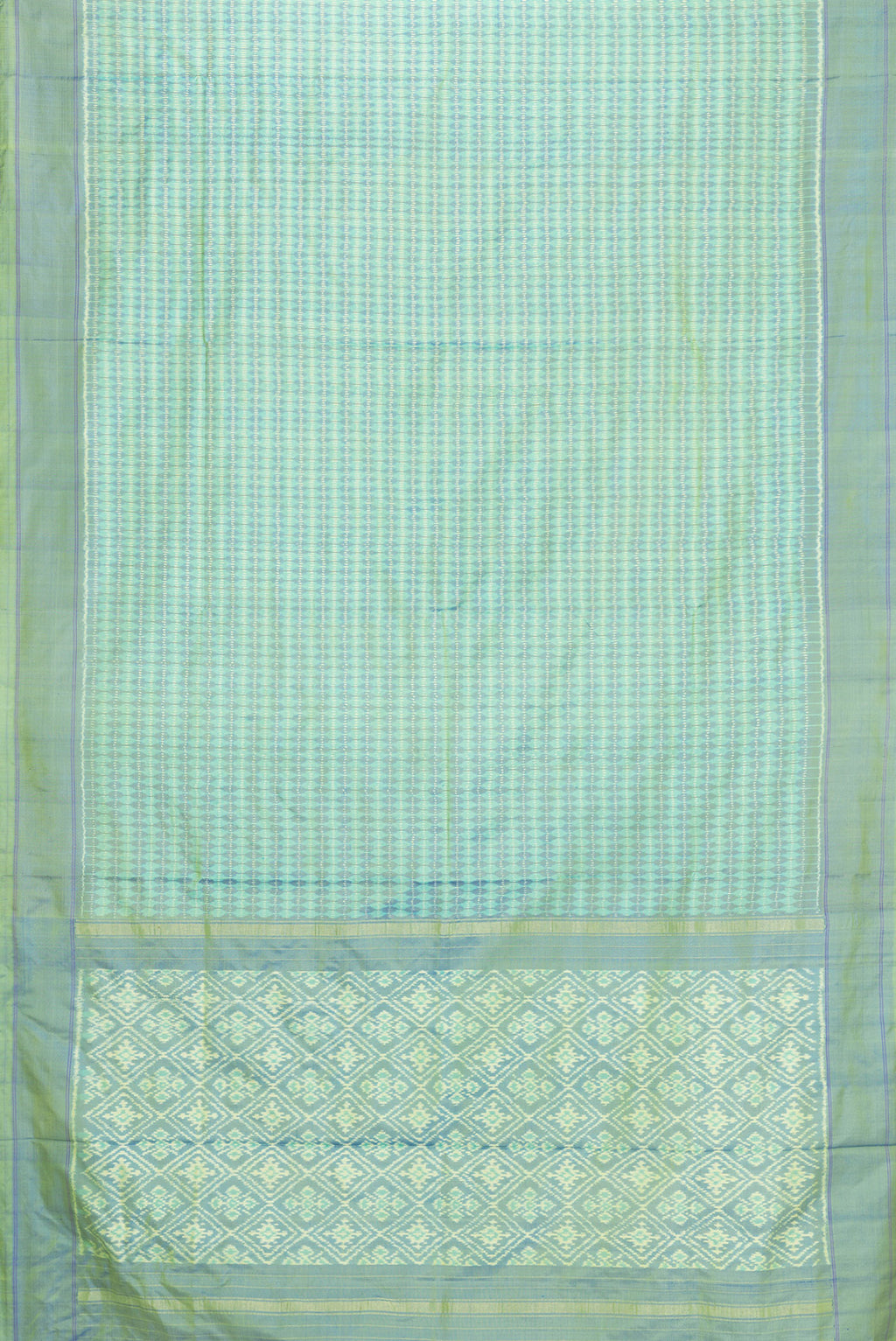 Flat view of Green Dual Tone Double Ikat Saree with Ikat Print on the body and Plain Border. 