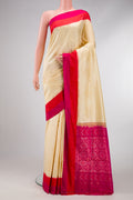Sandal Dual Tone Double Ikat Saree with Ikat Print on the body and Plain Border.  displayed on a mannequin