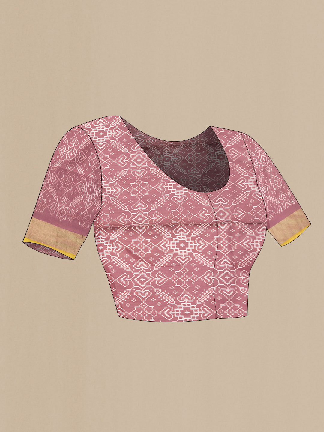 Close up image of the blouse of Brown Dual Tone Double Ikat Saree with Ikat Print on the body and Zari Border. 