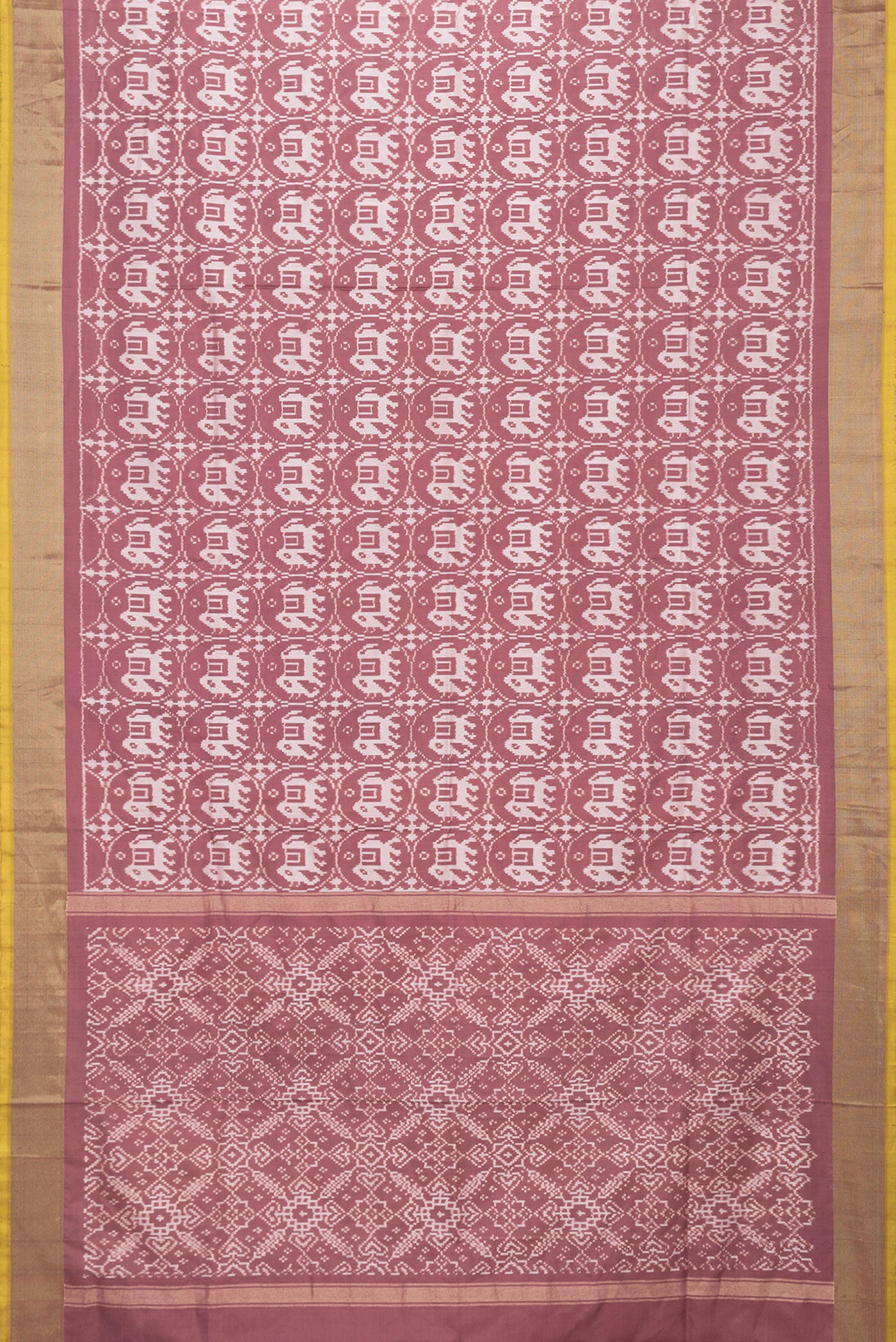 Flat view of Brown Dual Tone Double Ikat Saree with Ikat Print on the body and Zari Border. 
