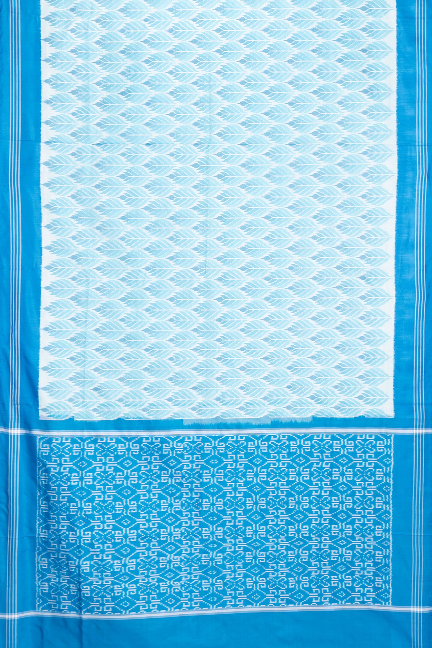 Flat view of Sky Blue Dual Tone Double Ikat Saree with Ikat Print on the body and Plain Border. 