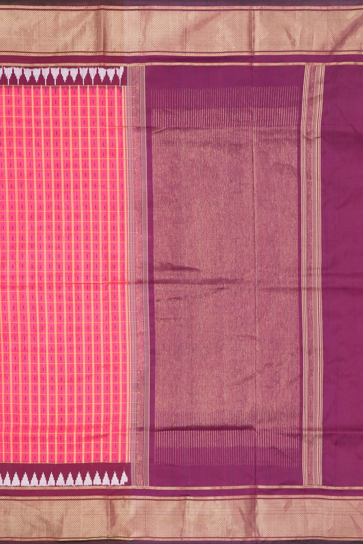Close up image of the pallu of Pink Dual Tone Double Ikat Saree with Ikat Print on the body and Zari Border. 