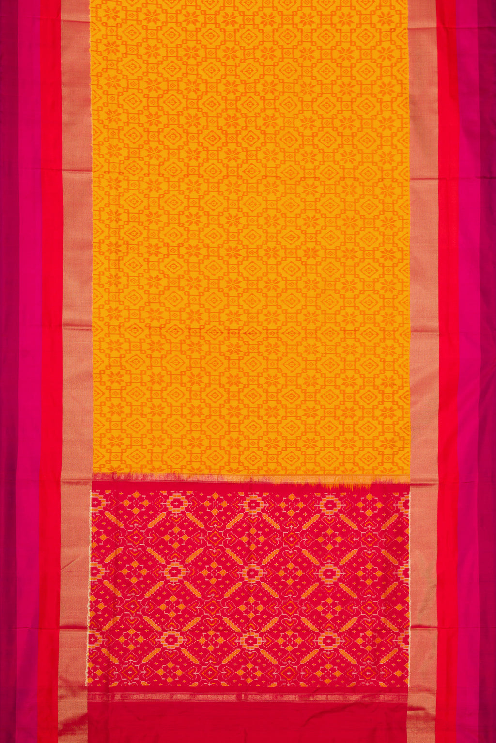Flat view of Mustard Dual Tone Double Ikat Saree with Ikat Print on the body and Zari Border. 