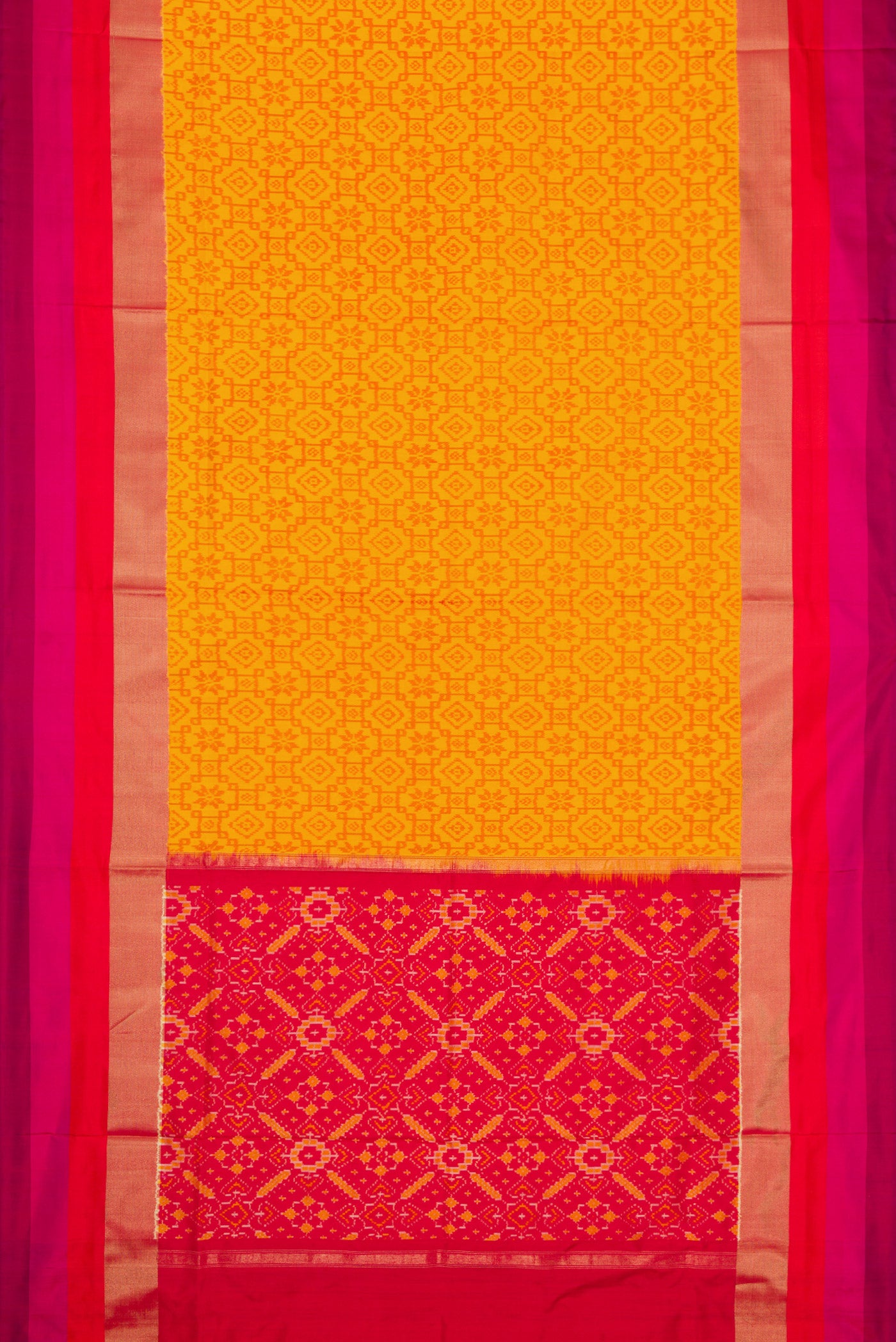 Flat view of Mustard Dual Tone Double Ikat Saree with Ikat Print on the body and Zari Border. 