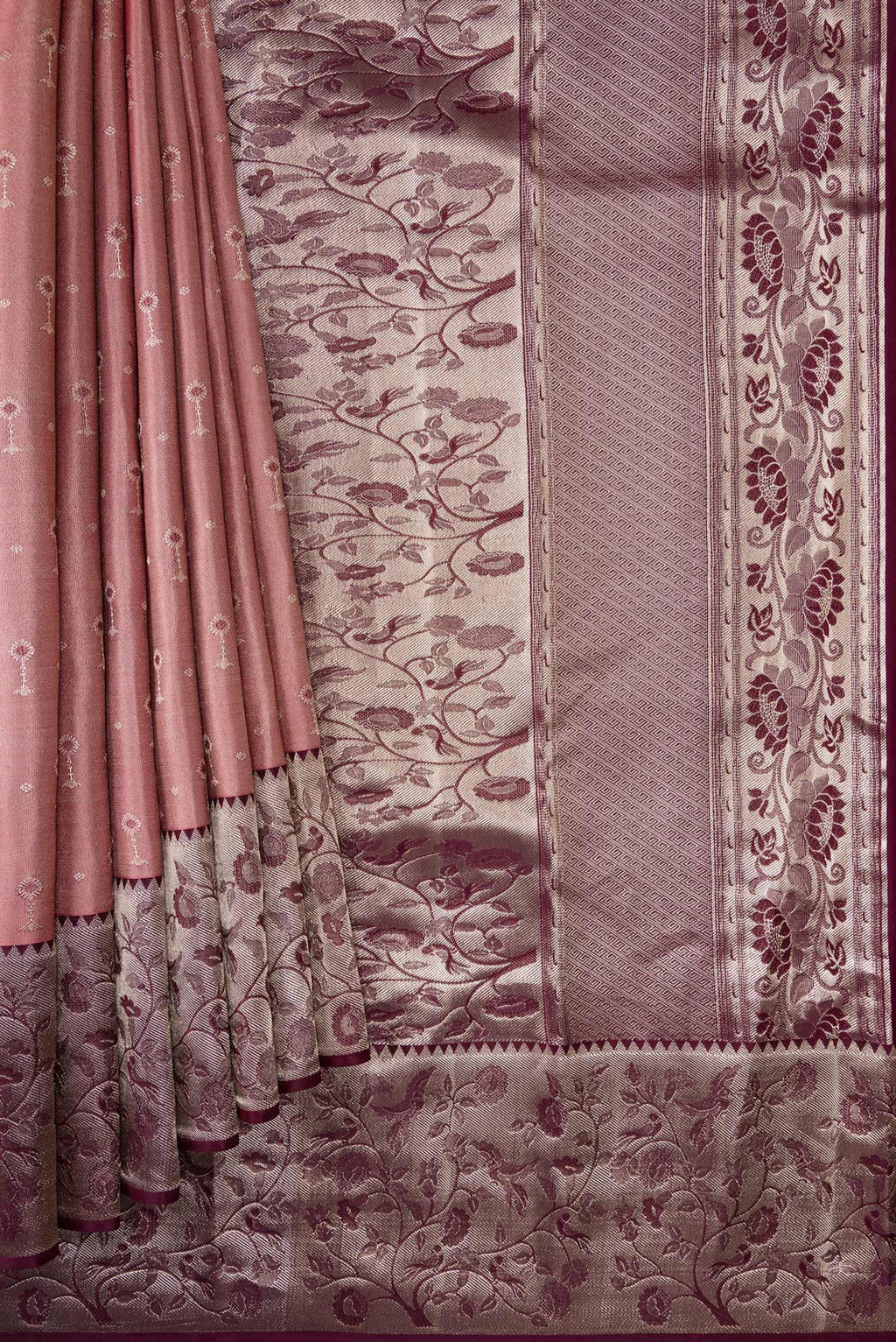 Pleats and pallu of Pink Dual Tone Kanjivaram Tissue Silk Saree with Zari Brocade on the body and Zari Border. 