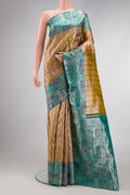 Mehandi Green Dual Tone Kanjivaram Tissue Silk Saree with Zari Brocade on the body and Zari Border.  displayed on a mannequin