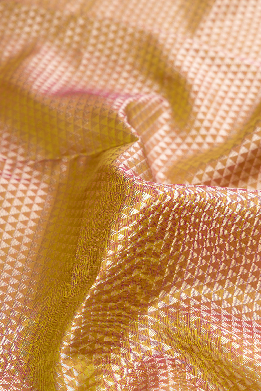 Close up of Gold Dual Tone Kanjivaram Tissue Silk Saree with Zari Brocade on the body and Fancy Border.  displaying folds