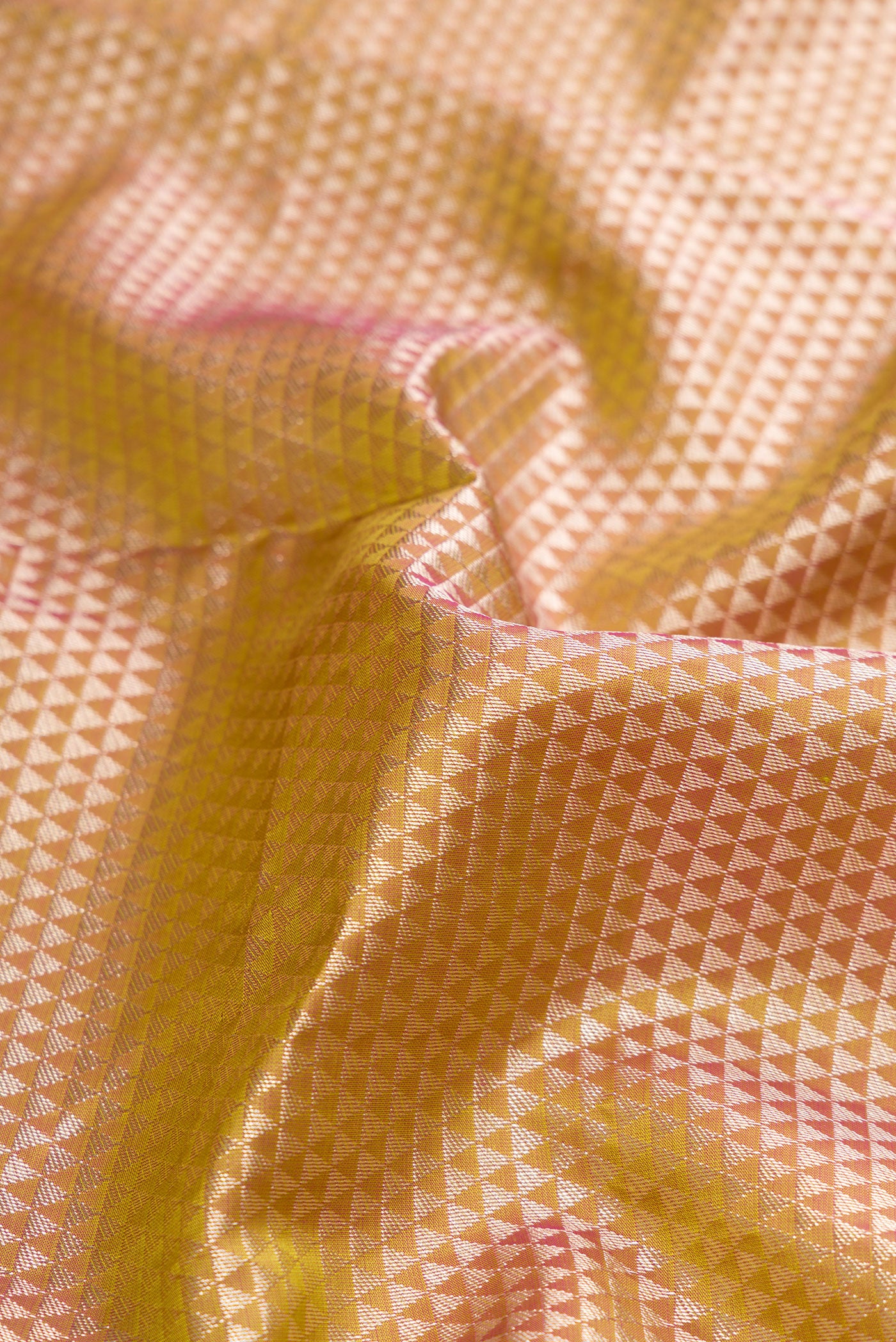 Close up of Gold Dual Tone Kanjivaram Tissue Silk Saree with Zari Brocade on the body and Fancy Border.  displaying folds